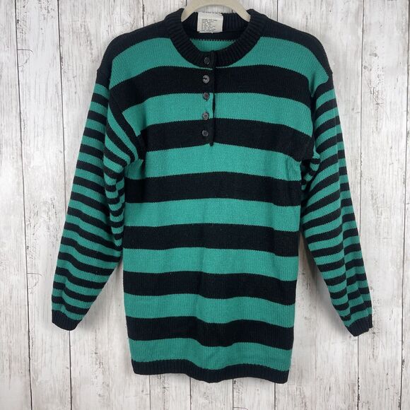Vintage 80s Cherry Stix Limited CSL Sweater Women Small Stripe Green Black Retro - Picture 1 of 10